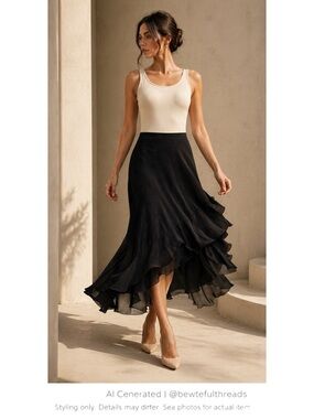 Black Asymmetrical Ruffle Midi Skirt Elegant Flowy Occasion Minimalist